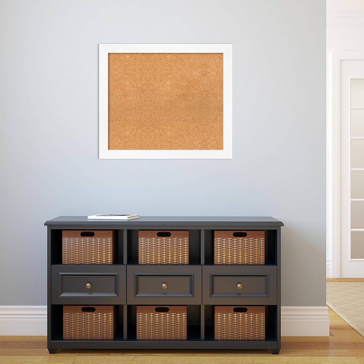 Amanti Art Natural Cork Board for Wall, 25x29 Vision Board with White Frame, Medium Corkboard Office Decor for Home Organization, Modern Corkboard Pinboard to Display Items for Home Organization in