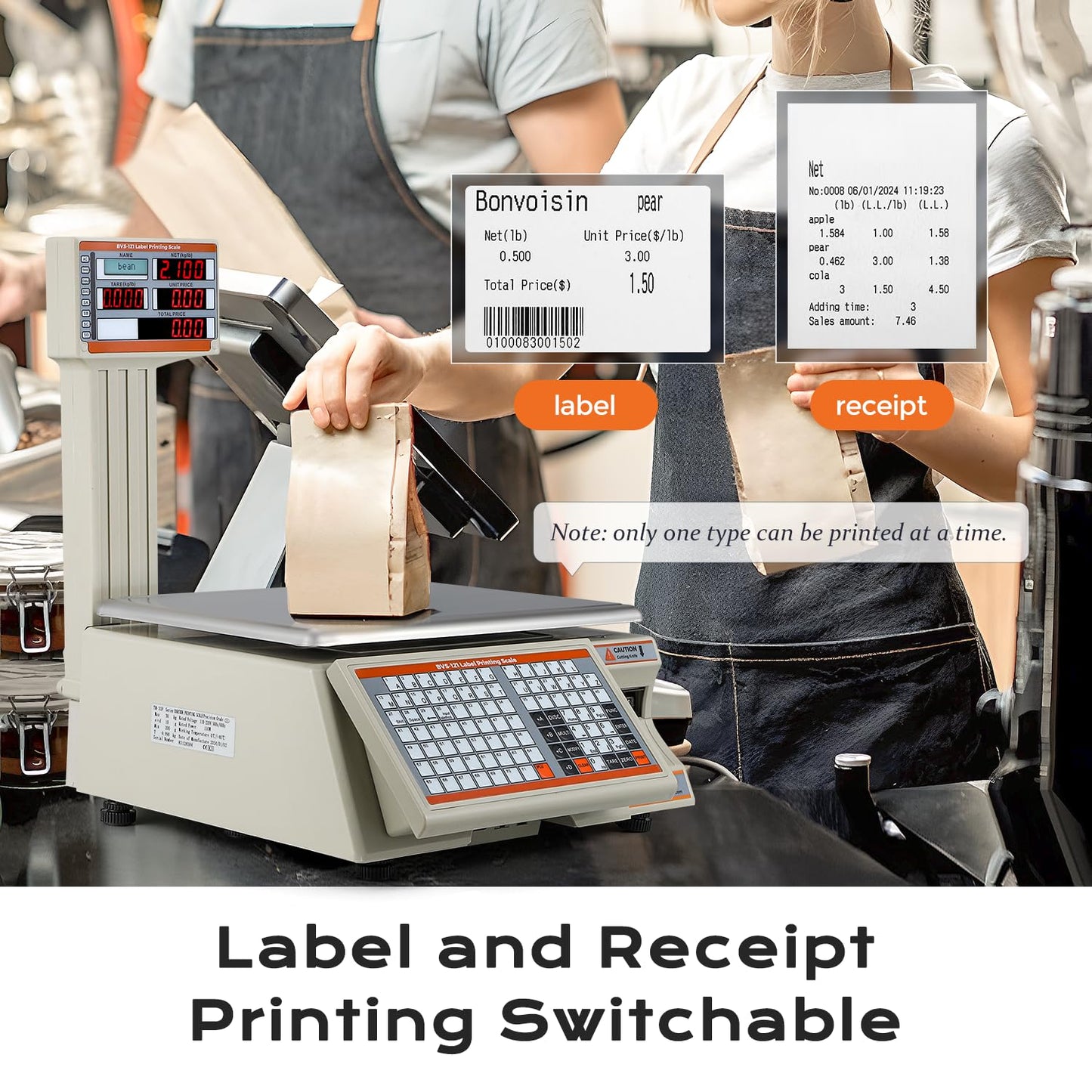 Bonvoisin Label Printing Scale 66lbs Capacity Price Computing Scale Pole Display with Label and Receipt Printer Commercial Barcode Scale for Retail Store, Supermarket and Farm