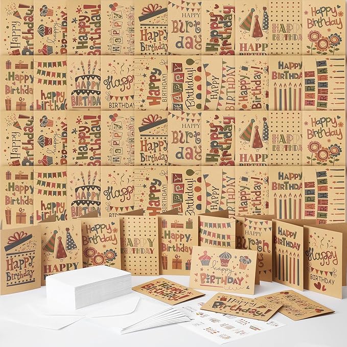 Harloon 200 Pack Happy Birthday Card Assorted Bulk with Blank Envelopes and Stickers 4 x 6 Inches Greeting Blank Happy Birthday Cards for Men Women Adults Kids, 20 Styles(Kraft Style)