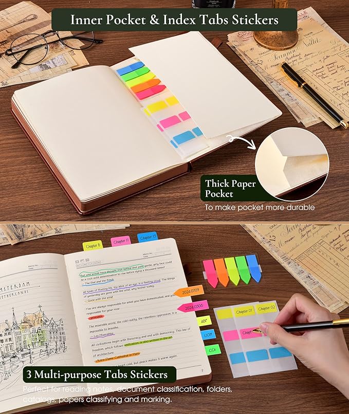 Vintage Leather Journal with 300 Numbered Pages,B5 Lined Journal for Men Women,Daily Journals for Writing,College Ruled Notebook for Work,School,Note taking,Travel Diary,Large (7" x 10")