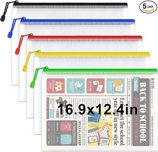 Umriox 5PCS Mesh Zipper Pouch 16.9x12.4 in, Zipper Bags, Extra Thick, Zipper Pouches for Organizing, Large Storage Bags for Puzzles Organizing