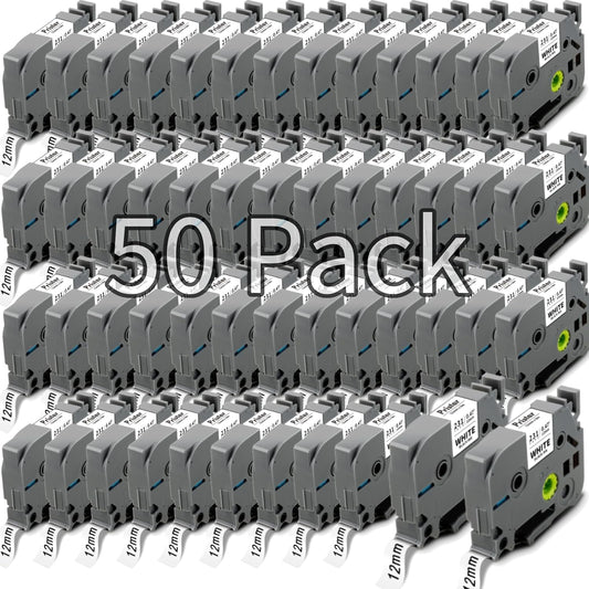 50x Replace for Brother 12mm 0.47 Laminated White TZ Tape, P Touch Label Tape Compatible with Brother Label Maker PTouch PTH210 PTD220 PTH110 PT-1280 PT-1880, Black on White, 1/2 Inch x 26.2 Feet