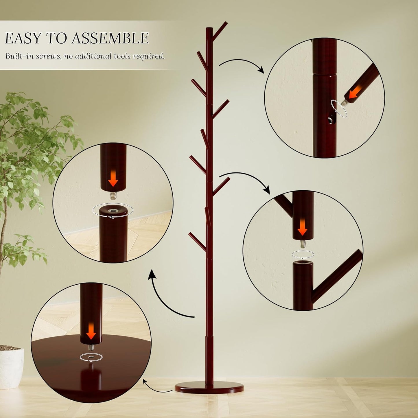 Wooden Coat Rack Freestanding Coat Tree with 4 Height Options and 9 Hooks, Sturdy Coat Rack Stand for Clothes/Bags/Hats, Easy Assemble Save Space for Entryway,Bedroom,Office,Narrow Place (Brown)