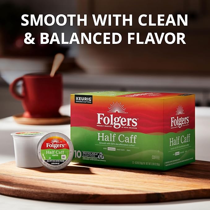 Folgers Half Caff Coffee, Medium Roast, Keurig K-Cup Pods, 10 Count (Pack of 6)