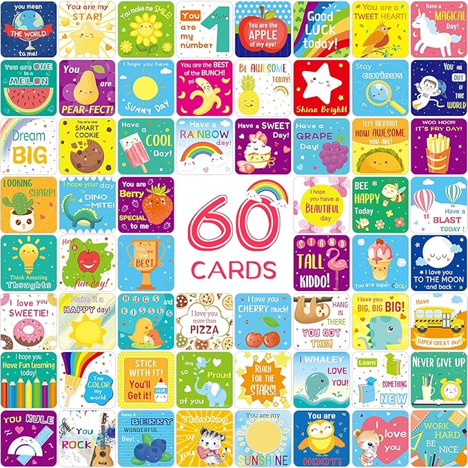 Fancy Land 60 Lunch Box Notes for Kids Cute Motivational and Inspirational Thinking of You Cards for Boy’s and Girl’s Lunchbox