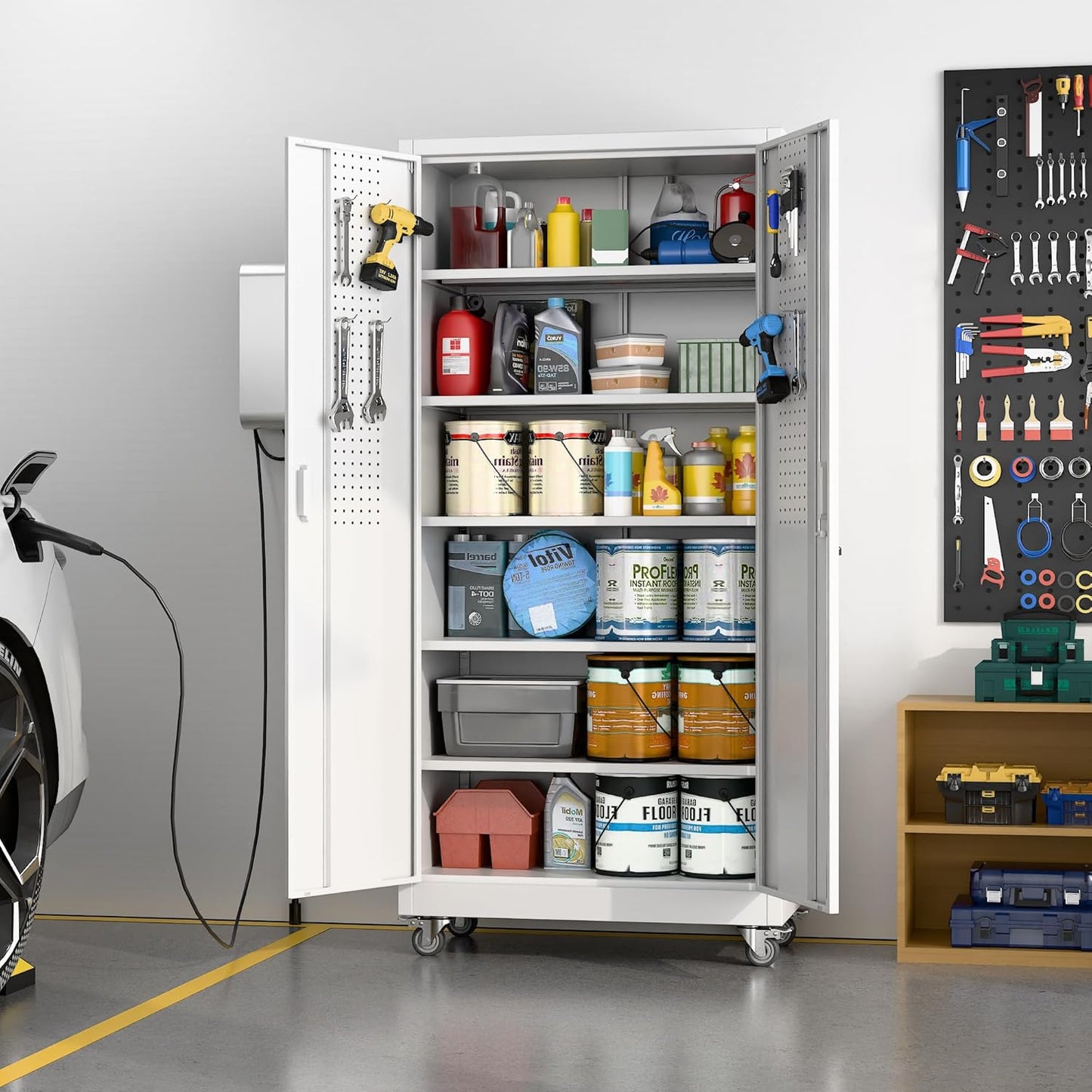 Aobabo Upgraded Garage Storage Cabinets with Wheels,Metal Storage Cabinets with 5 Adjustable Shelves for Garage Home Office Storage, White,71''H*32''W*16''D,Assembly Required