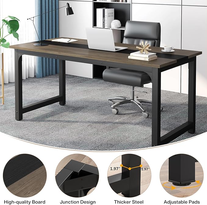Tribesigns 70.8” Executive Desk, Large Office Computer Desk with Thicken Frame, Modern Simple Workstation Business Furniture for Home Office, Vintage Grey/Black
