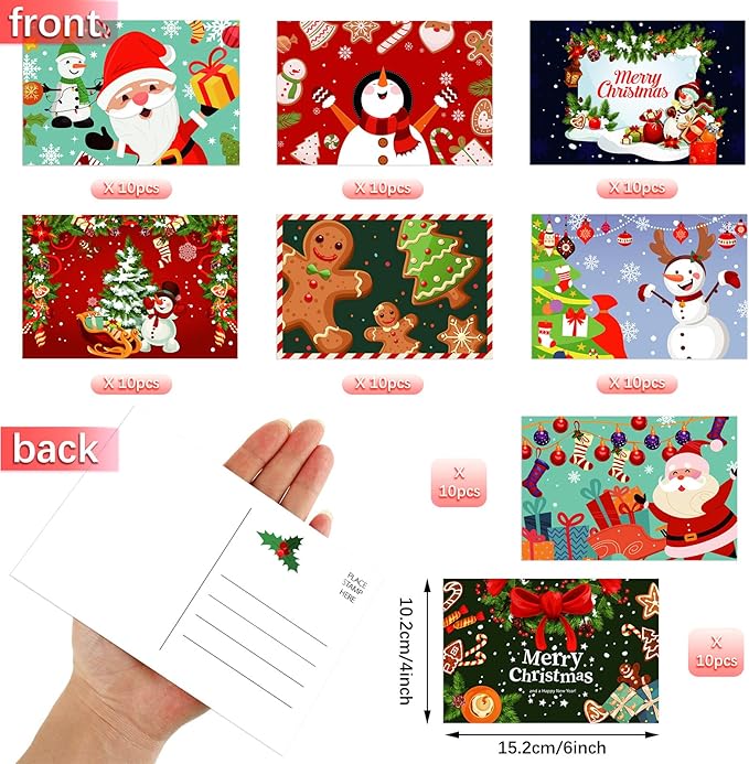 Junkin 80 Pack Christmas Cards Merry Christmas Greeting Cards Christmas Tree Snowman Santa Claus Postcards for Christmas Xmas Holiday Wishes Party Favors, 4 x 6 Inch