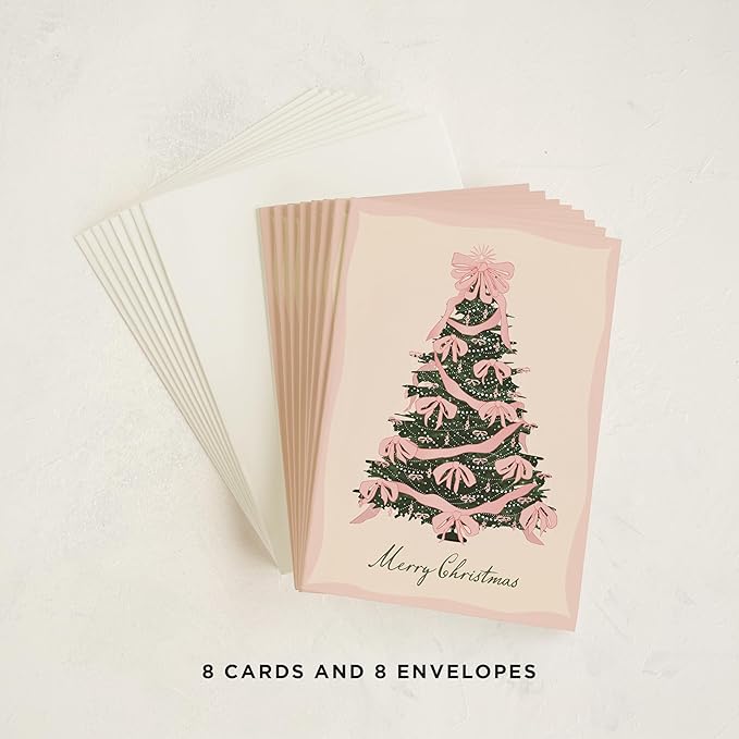 Minted Rococo Tree Christmas Cards, 8 Cards with Envelopes, Folded 5x7 Holiday Card with Pink Ribbon and Pearl Garland Christmas Tree, Vintage-Inspired Design, Luxurious Paper, Interior Message