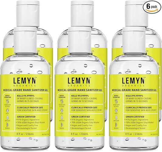 Medical Grade Hand Sanitizer Gel - 97% ORGANIC - 8 FL.OZ. Flip-Top (PACK OF 6)