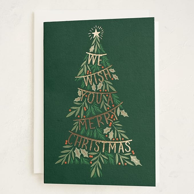 Minted Merry Tree Garland Christmas Cards, 8 Cards with Envelopes, Classic Holiday Card with Festive Garland Tree and Star Design, Folded 5x7 Card, Gold Foil-Pressed, Luxurious Paper, Blank Inside