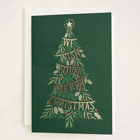 Minted Merry Tree Garland Christmas Cards, 8 Cards with Envelopes, Classic Holiday Card with Festive Garland Tree and Star Design, Folded 5x7 Card, Gold Foil-Pressed, Luxurious Paper, Blank Inside