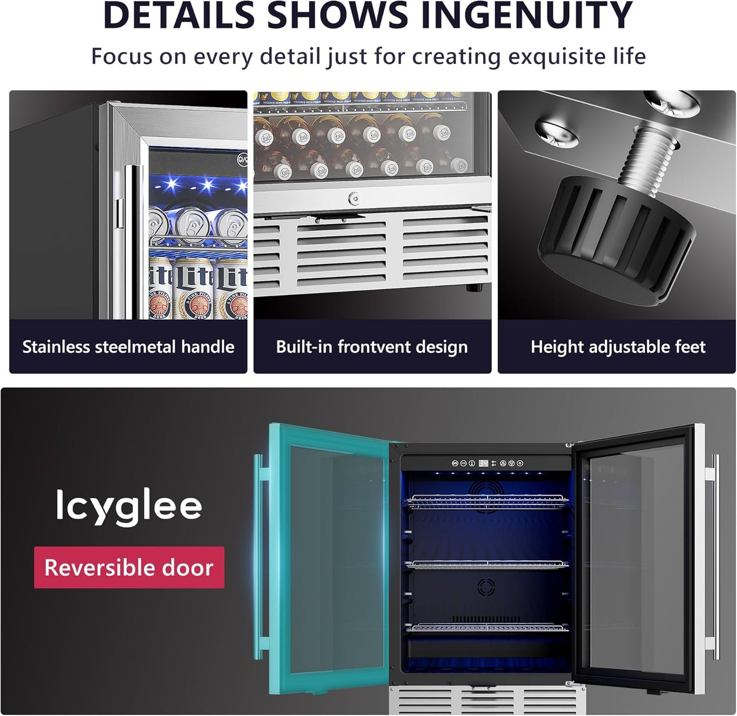 24 Inch Beverage Refrigerator, Beverage Cooler 180 Can Built-in Design, Under Counter Beer Fridge with Glass Door for Soda, Wine, Water - For Kitchen, Office or Bar