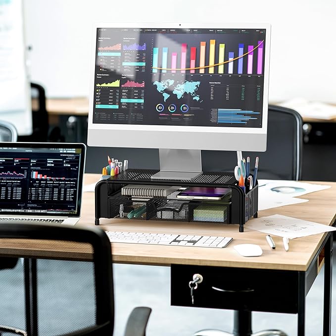 Simple Houseware Monitor Riser Stand with Pull-Out Drawer and Pen Holders, Black