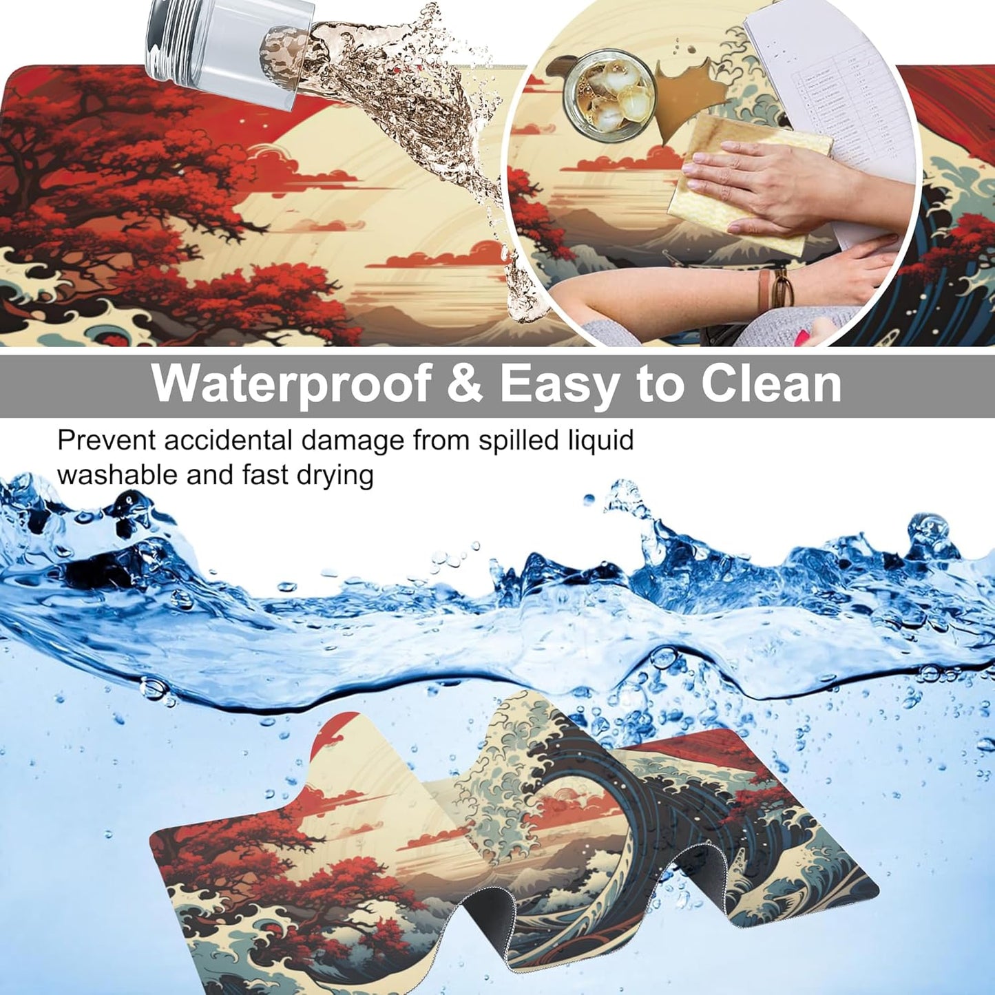 Extended Large Gaming Mouse Pad, Japanese Great Wave Sunset Large Desk Mat for Desktop, Non-Slip Rubber Base Stitched Edges Long Computer Keyboard Desk Pad Mouse Mat for Home Office 35.4"X15.7"