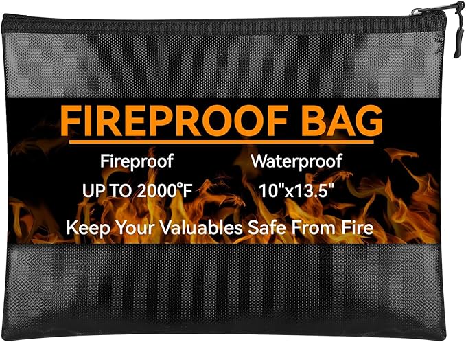 Fireproof Document Bag (10"x13.5" / 2000℉), Fireproof Waterproof Money Bag with Zipper, Premium Fiberglass, Fire Safe Storage for Documents, Passports, Cash, Valuables (Black)
