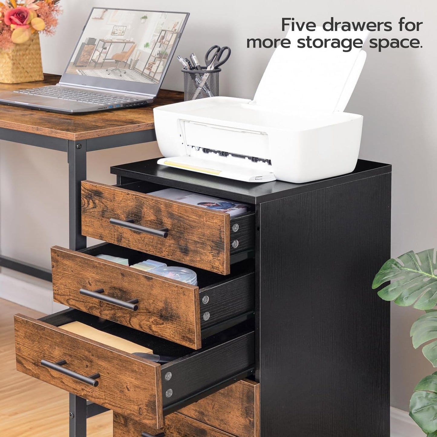 HOOBRO 5-Drawer File Cabinet, Office Filing Cabinet with Drawers, Wooden Mobile Storage Cabinet with Wheels, for Makeup, Home Office, Easy Assembly, Rustic Brown BF05WJ01G1