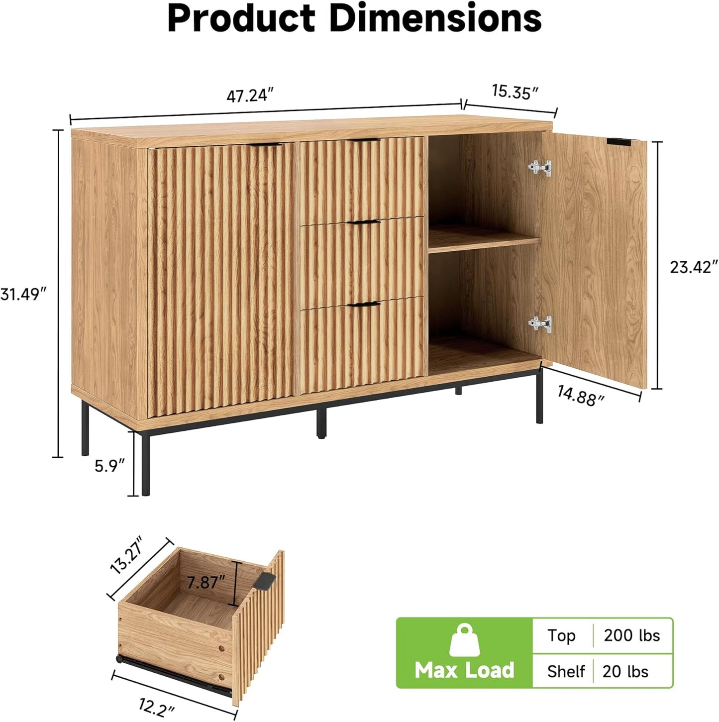 Real Relax Fluted Sideboard Cabinet, Sideboard Buffet Cabinet with Storage, Modern Credenza 2 Doors 3 Drawers, Coffee Bar Buffet Table for Dining Room, Kitchen, and Living Room, Oak