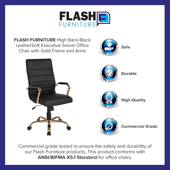Flash Furniture Whitney High-Back Swivel LeatherSoft Desk Chair with Padded Seat and Armrests, Adjustable Height Padded Office Chair, Black/Gold