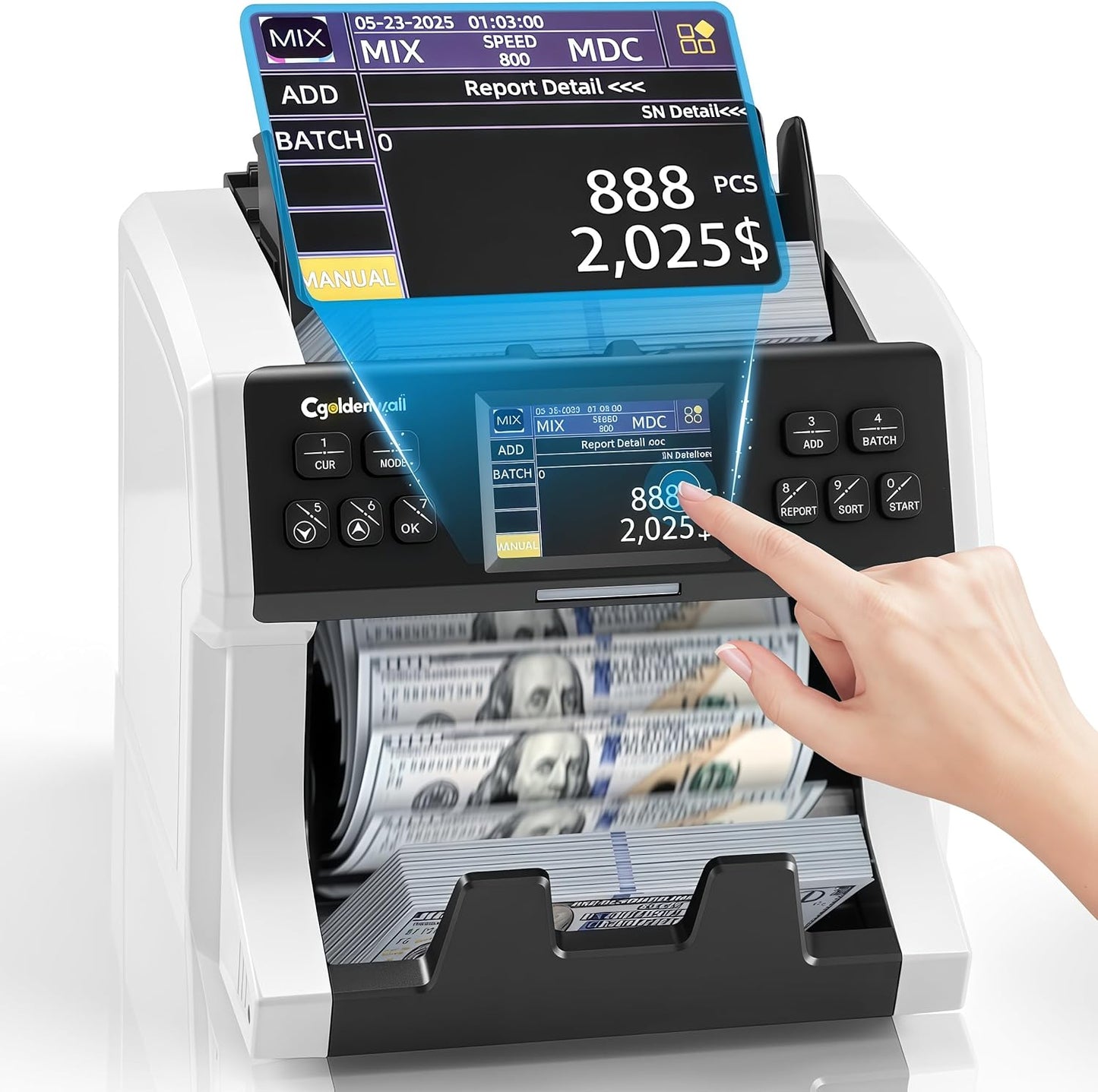 CGOLDENWALL Money Counter Machine Mixed Denomination,Bank Grade Cash Counter 2CIS/UV/IR/MG Counterfeit Detection,Serial Number,MUL Currency Value Counting, Sort&Printer Compatible Bill Counter,1500N/M