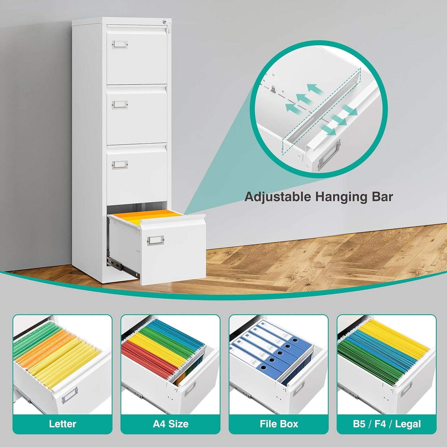 SISESOL 4 Drawer File Cabinet with Lock and Tag,White Vertical File Cabinet,Narrow Locking Filing Cabinets with Drawers,Metal Filing Storage for Home Office Fit A4 Legal/Letter Size,-Assembly Required
