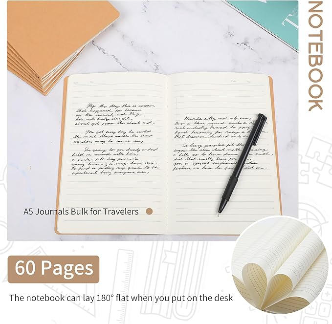 miikoul 12 Pack A5 Kraft Paper Notebook Lined Journal Bulk, 8.3 x 5.5 Inch, 60 Pages/30 Sheets, 80GSM, Travel Notebook Notepad for Adult, Students, Gift, School, Office Supplies