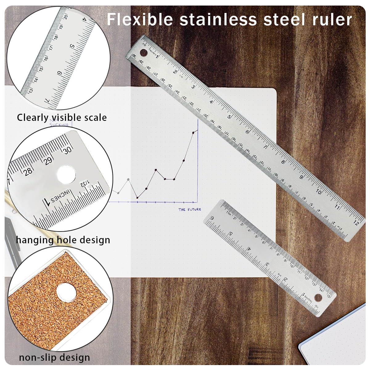 Metal Ruler 6 Inch 12 Inch Stainless Steel Metal Ruler with Cork Backing, Non-Slip Rulers with Inch and Centimeters, Straight Edge Cork Base Rulers for Student School Office Drafting Tools