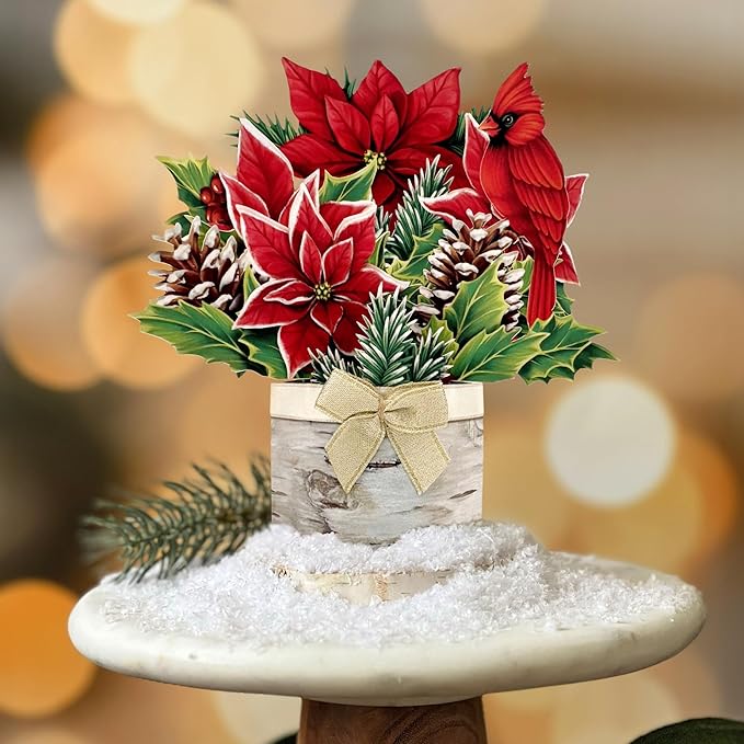 Freshcut Paper Pop Up Cards, Mini Birch Poinsettia, 6 Inch Mini Sized Forever Flower Bouquet 3D Popup Greeting Cards, Christmas Card, Holiday Card, Blank Notecard & Envelope