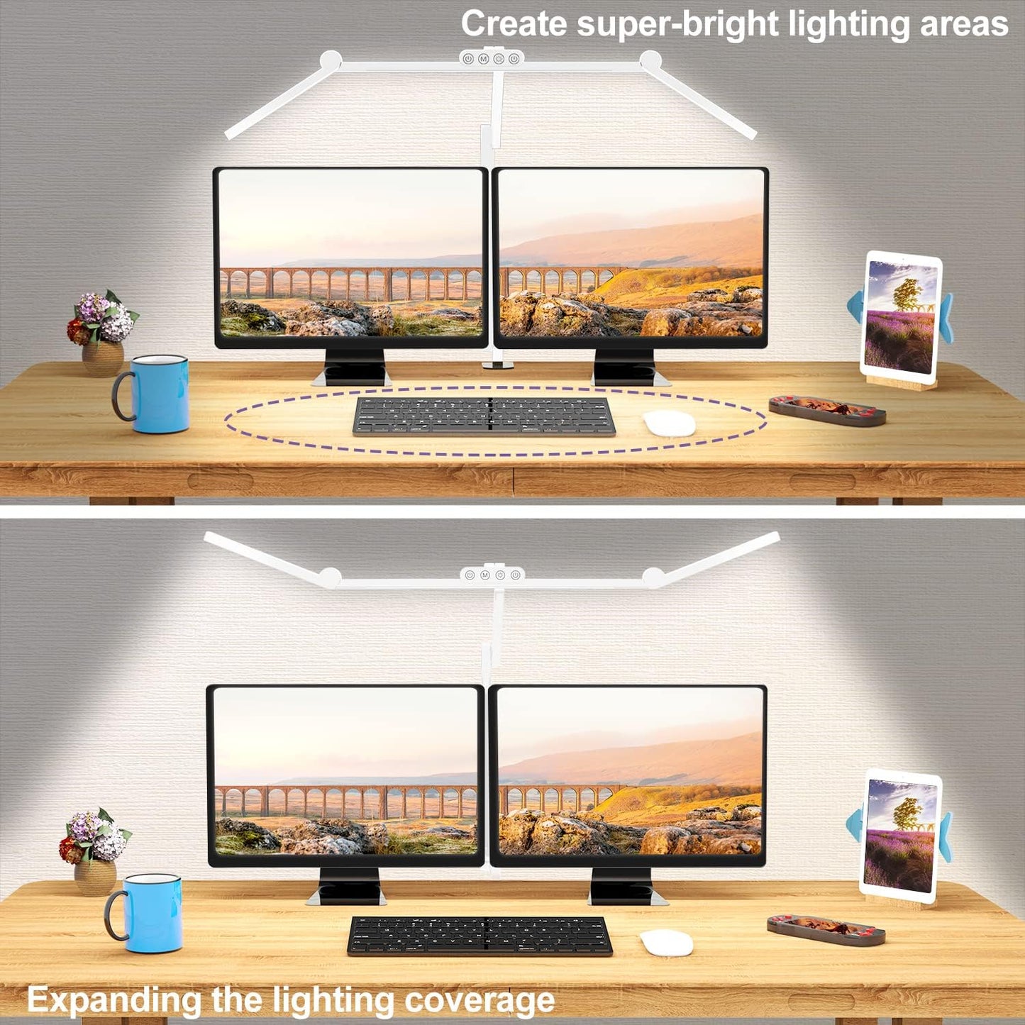 Micomlan Led Desk Lamp for Home Office, White Architect Desk Lamp with Clamp for Crafting, 24W Bright Rotatable Led Table Light Stepless Dimming Tempering Wide Computer Light with Atmosphere Lighting