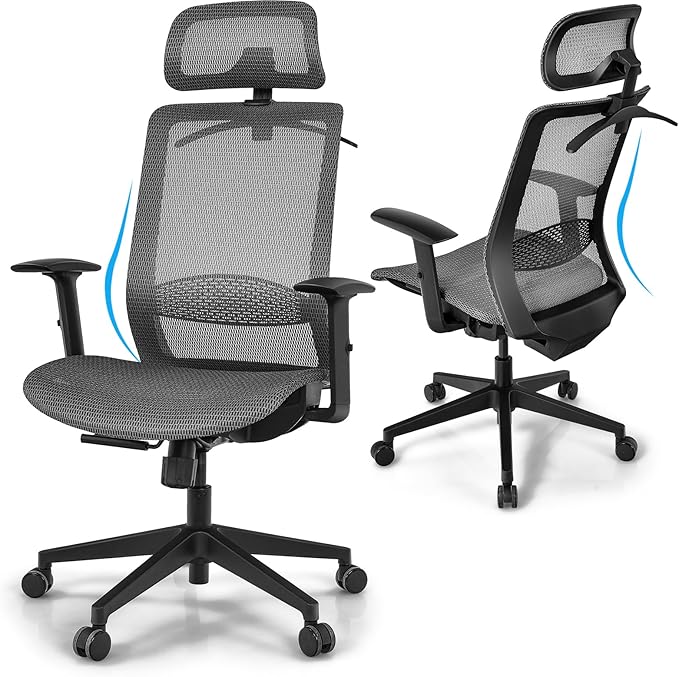 POWERSTONE Ergonomic Mesh Office Chair - High Back Computer Desk Tilt Lock Mesh Seat with Lumbar Support and Clothing Hanger, Executive Swivel Mesh Chair with Adjustable Arms and Headrest (Grey)
