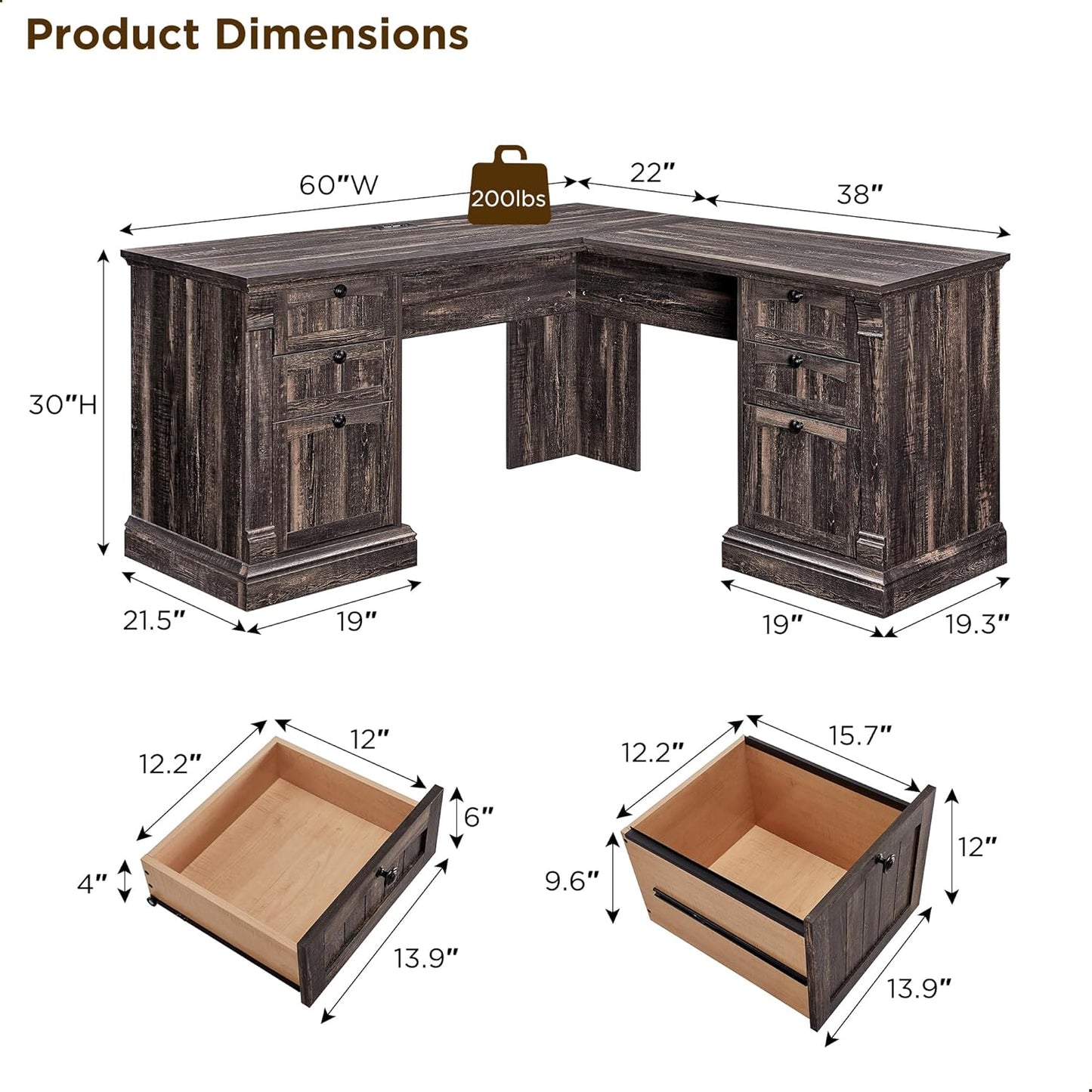 OKD 60" L Shaped Executive Desk with Drawers, Farmhouse Home Office Desk with Charging Station, File Cabinet Storage, Wood Corner Computer Desk for Work and Study, Dark Rustic Oak