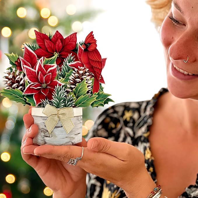 Freshcut Paper Pop Up Cards, Mini Birch Poinsettia (Set of 2), 6 Inch Mini Sized Forever Flower Bouquet 3D Popup Greeting Card, Christmas Cards, Holiday Card, Blank Notecard & Envelope