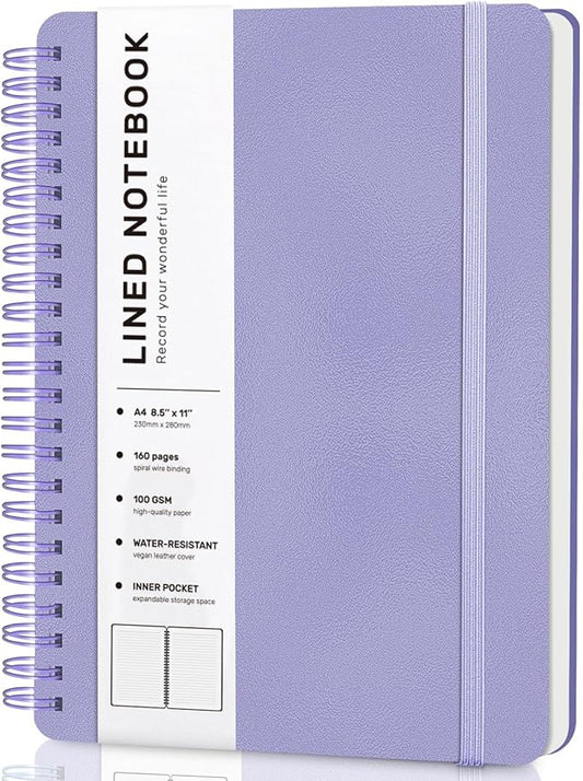 Lined Spiral Journal Notebook, A4 Hardcover Leather Notebook for Work, 8.5''×11'', 100GSM Thick Paper Spiral Bound Journaling Notebooks for Women & Men Office School Note Taking Business, Purple