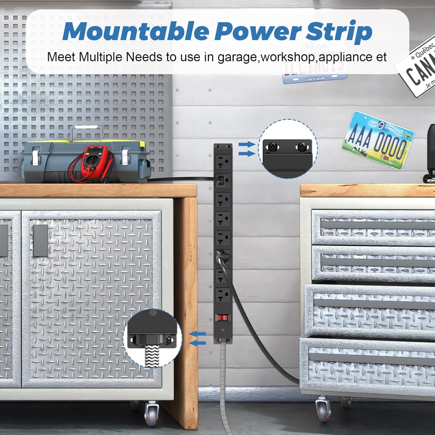 20 Amp Power Strip Heavy Duty, 12 Gauge Extension Cord for Appliance Workbench Garage Industrial, Metal 8 Outlets Combine with T-Plug Adapter 5-20R T-Slot, 1200J Surge Protector