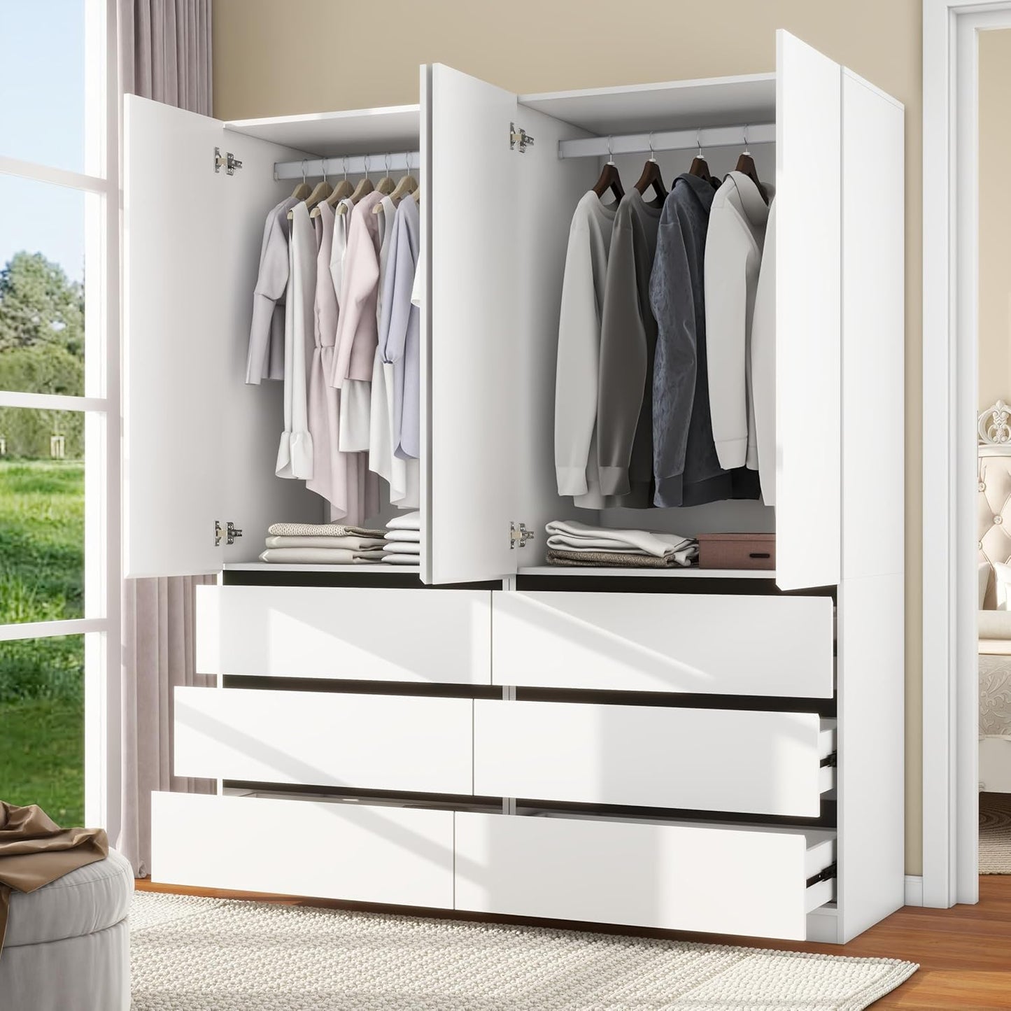 Bedroom Armoire Wardrobe Closet with 6 Drawers: White Wardrobe Closet with 4 Doors, Modern Cabinet for Clothes with Shelves, Wooden Armoire for Hanging Clothes (Modern, 2)