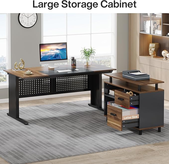 Tribesigns 63 Inch Executive Desk with File Cabinet, Large Office Desk L Shaped Computer Desk with Drawers and Storage Shelves, Business Furniture Desk Workstation for Home Office, Brown and Black