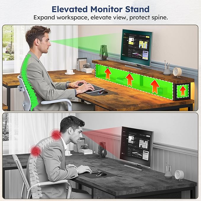 L Shaped Computer Desk with Drawers, Gaming Desk with LED Lights & Monitor Shelf, Office Desks with Power Outlets, Corner Desks for Home Office, Study Room and Bedroom, Rustic Brown