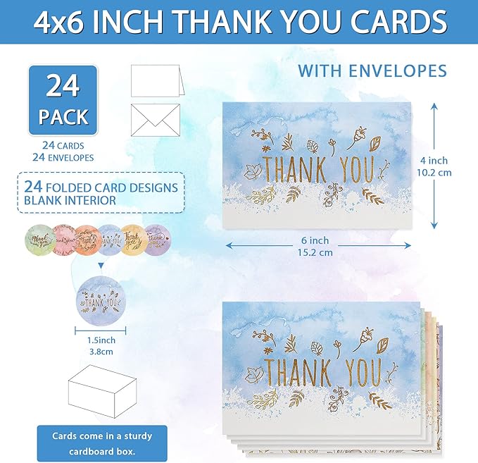 24 Pack Watercolor Thank You Cards with 24 Envelopes 24 Stickers 6 Designs Gold Letter Greeting Note Cards Thank You Notes Round Envelope Seal Stickers for Wedding Graduation(Lovely Style)