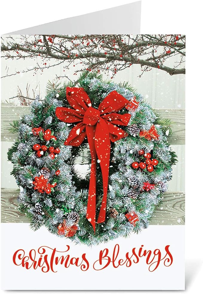 Current Wreath in Snow Personalized Christmas Cards with Envelopes - Set of 18 Large 5 x 7-Inch Folded Cards, Faith Themed Holiday Card Value Pack