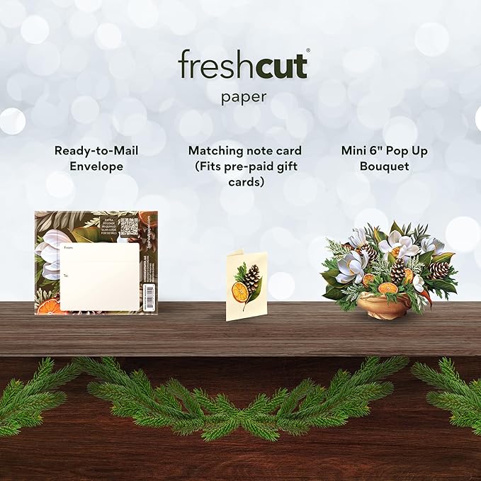 Freshcut Paper Pop Up Cards, Mini Winter Magnolia, 6 Inch Mini Sized Forever Flower Bouquet 3D Popup Greeting Card, Christmas Cards, Holiday Card, Blank Notecard & Envelope