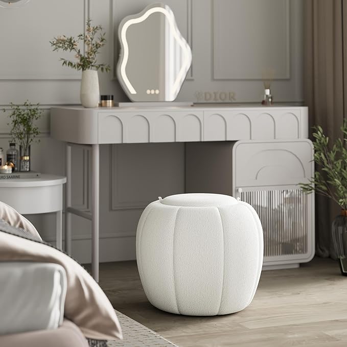 Storage Ottoman, Round Ottoman with Storage, Upholstered Soft Vanity Stool for Living Room, Foot Stool Ottoman for Bedroom, Entryway (Beige)