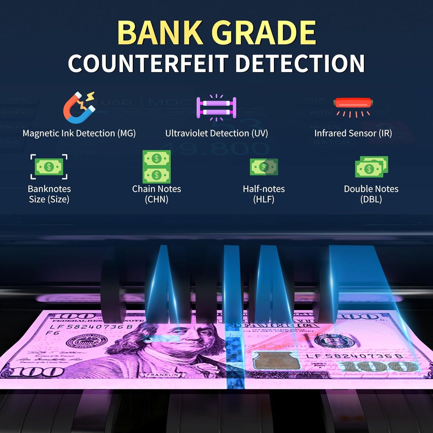 PONNOR N70 Mixed Denomination Money Counter Machine, Value Counting, Cash Counter with Three Displays, UV/MG/IR/MT Counterfeit Detection for Money Counting, Printer Enabled Bill Counter for Business