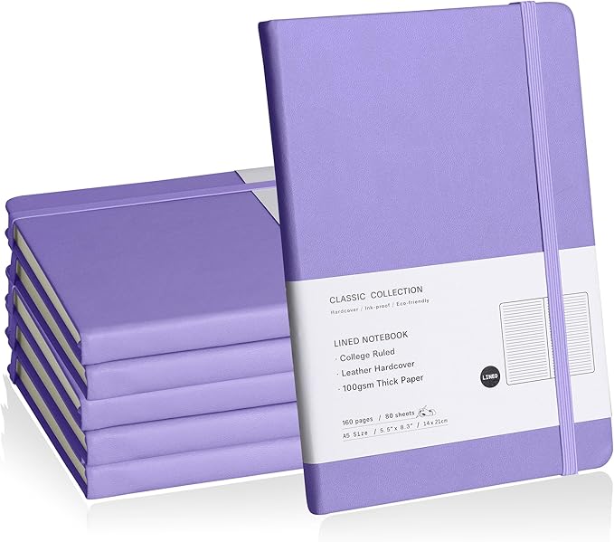 Lined Journal Notebook, 6Pack(Mauve), 160 Pages, Medium 5.7 inches x 8 inches - 100 gsm Thick Paper, Hardcover