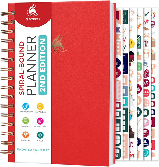 Clever Fox Planner 2nd Edition Spiral – Colorful Weekly & Monthly Goal Planner, Time Management & Productivity Organizer, Undated (Red)