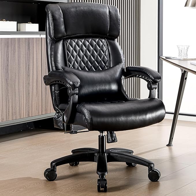 Lumbar Massage Office Chair, 500LBS Big and Tall Office Chair, Heavy Duty Ergonomic Executive Reclining Chair with High Back and Lumbar Support, Black