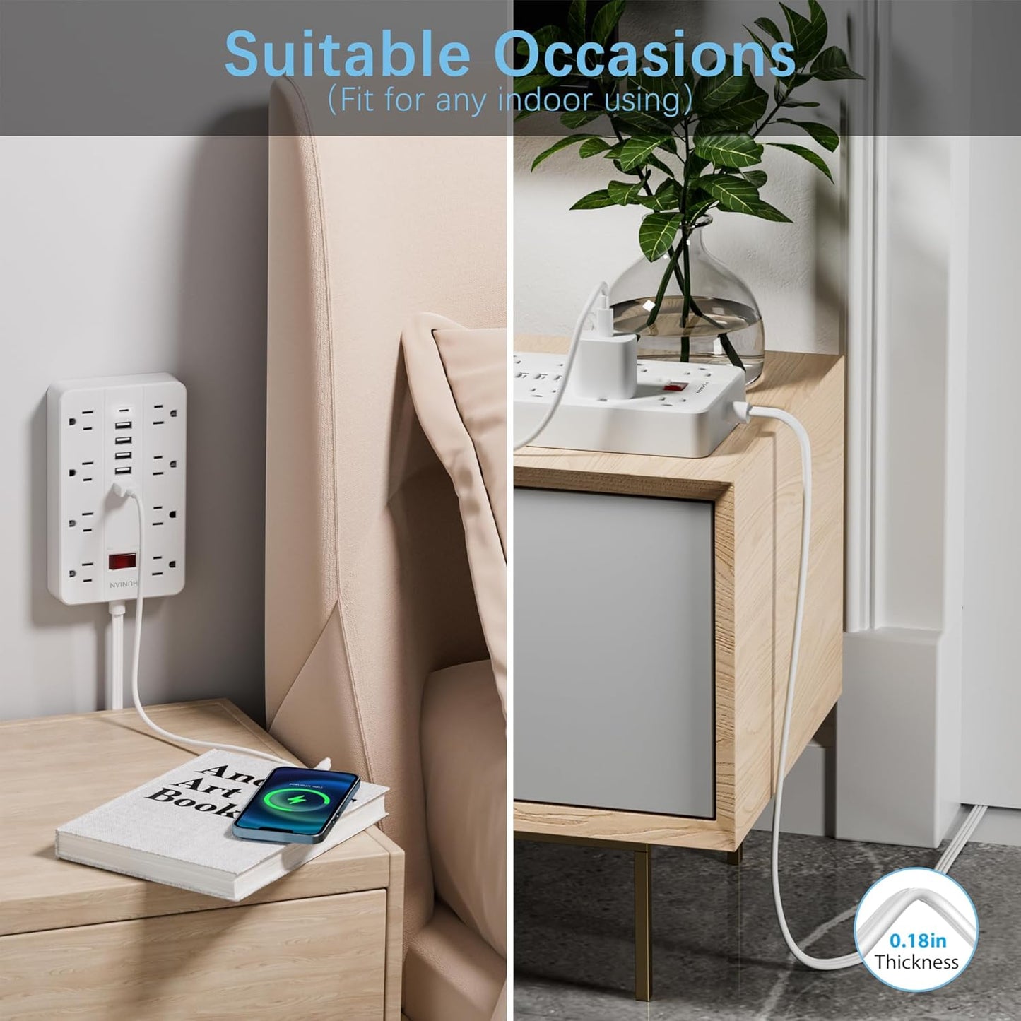 Extension Cord Power Strip Surge Protector 15 Ft, HUNIAN Flat Plug with 8 Widely Spaced Outlets 6 USB (1 USB C Port), Wall Mount Charging Station for Home and Office