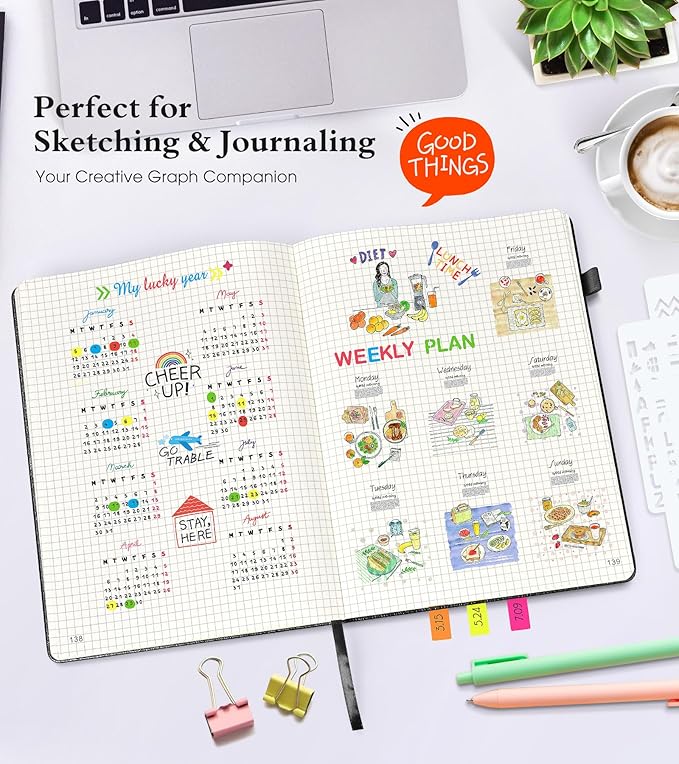 Graph Paper Notebook Journal, 360 Numbered Pages Grid Notebooks, Thick 100gsm Graphing Paper Notebook Journals for Women Men, B5 Large Hardcover Leather Graph Notebook 7.6'' X 10'' Black