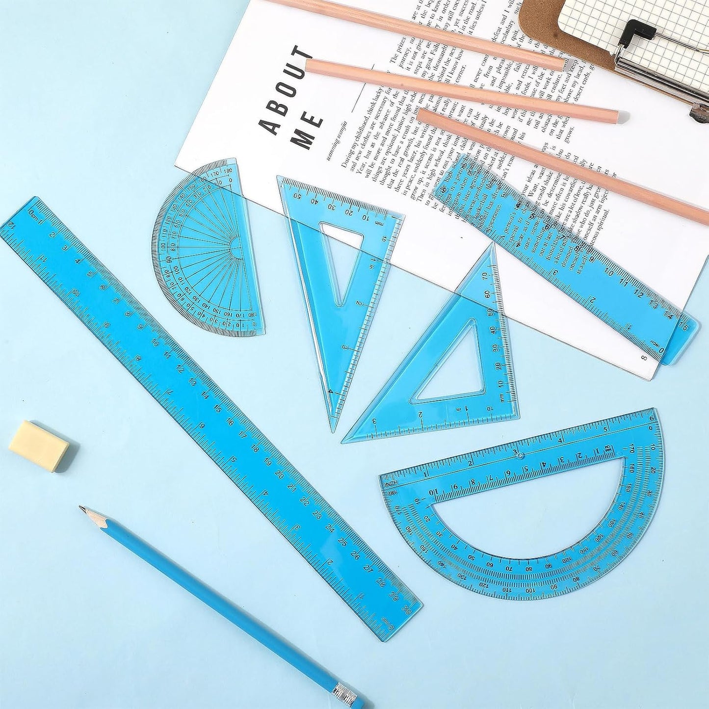 Tenare 1 Set Plastic Clear Math Set Includes Protractor Triangle Rulers 12 Inch 6 Inch Straight Geometry Math Transparent Ruler Measuring Tool for School Office Home Supplies(Blue)