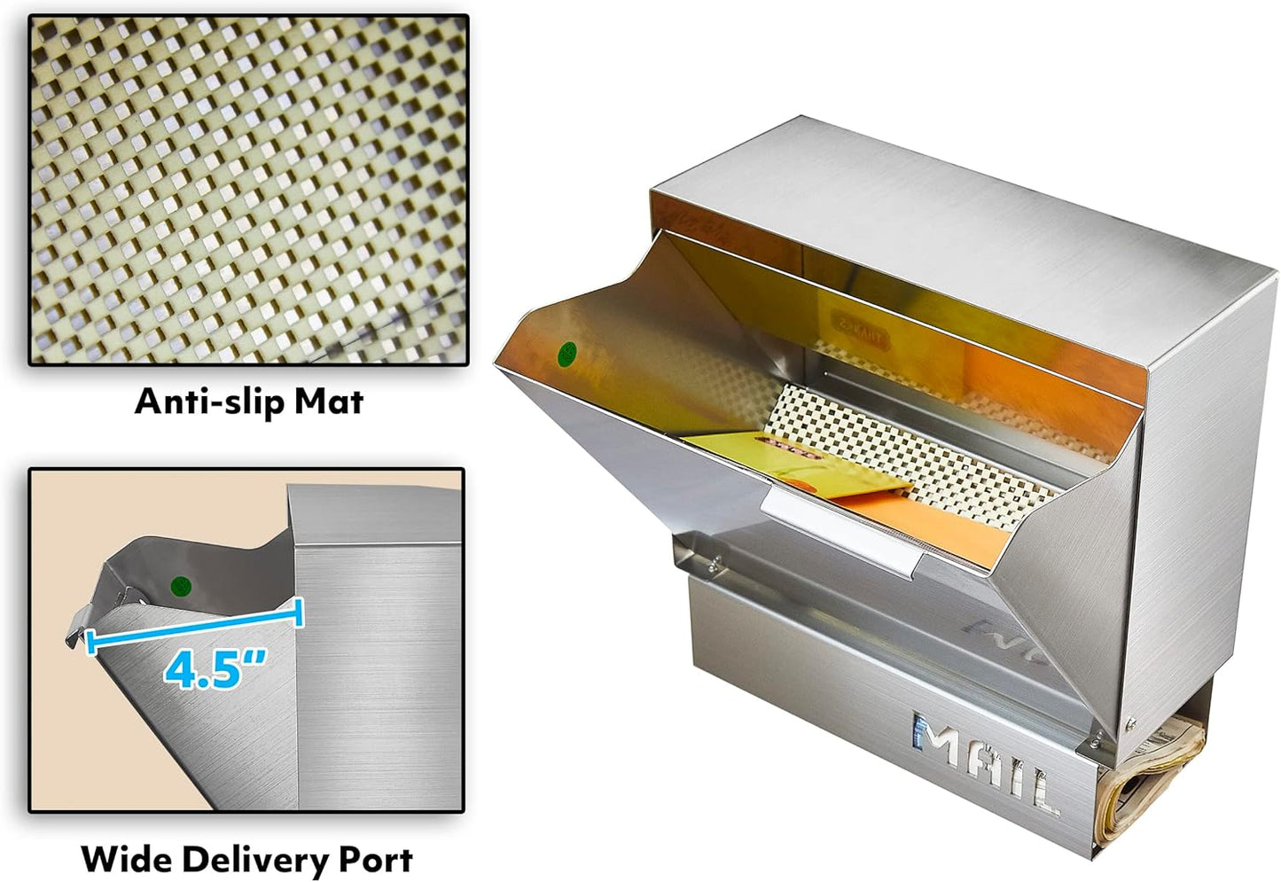 Pochar Stainless Steel Mailbox for Walls, Heavy Duty Wall Mounted Mailbox with Newspaper Holder - 11'' x 4.5'' x 11.50'' Silver Rust Proof Steel Dropbox(Silver)