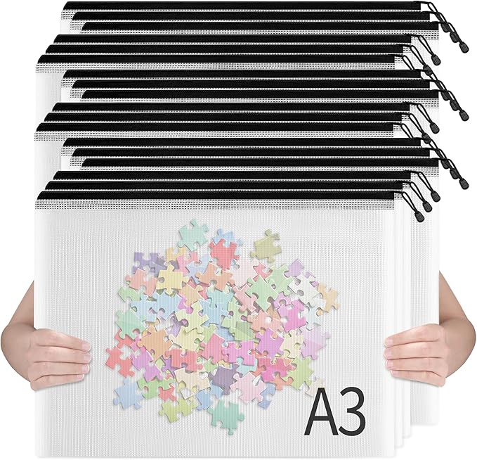 SUNEE 18pcs Plastic Mesh Zipper Pouch, A3, Extra Large, 16x11 in, Water-Resistant Zip Bag for School Office Supplies, Puzzles & Games Organizing Storage (Black, 18 Pack)